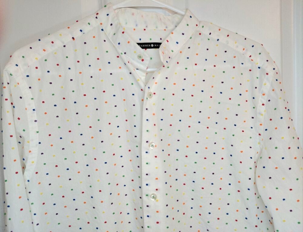Hammer Made Men's Banded Collar Polka Dot Dress Shirt Size 39 15.5 Multicolor